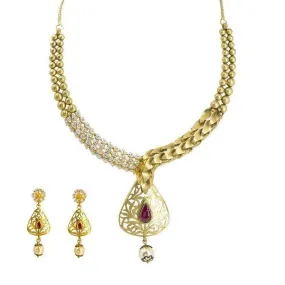 22K Yellow Gold Necklace & Earrings Set W/ Ruby, Pearl & CZ on Detailed Collar & Cutout Pear Pendant