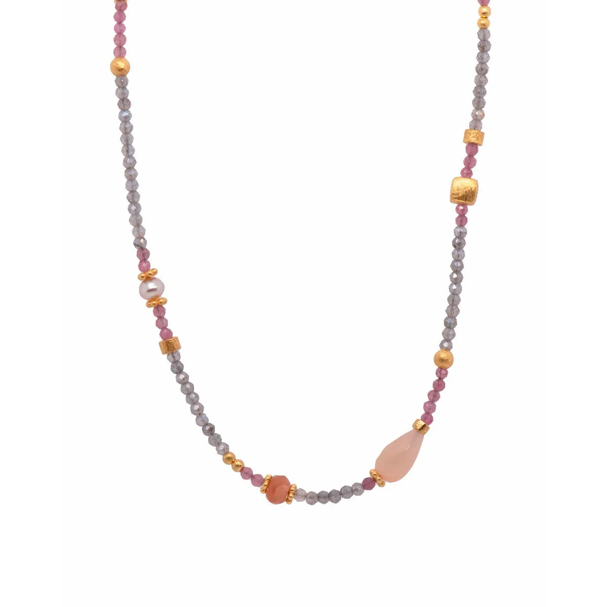 2mm Labradorite, Moonstone, Pearls, Pink Tourmaline 24K Gold Vermeil Necklace