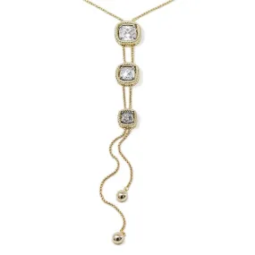 36 Inch Lariat Necklace with Three Soft Square Crystal Gold Tone