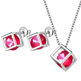 3D Cube Birthstone July Ruby Jewelry Set 3PCS Women Girls Birthday Gift