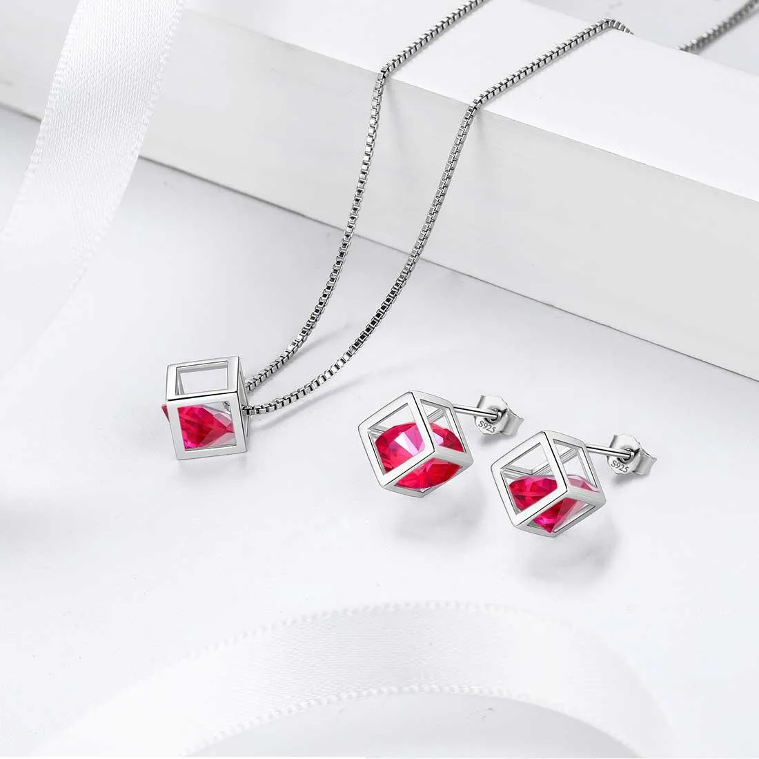 3D Cube Birthstone July Ruby Jewelry Set 3PCS Women Girls Birthday Gift