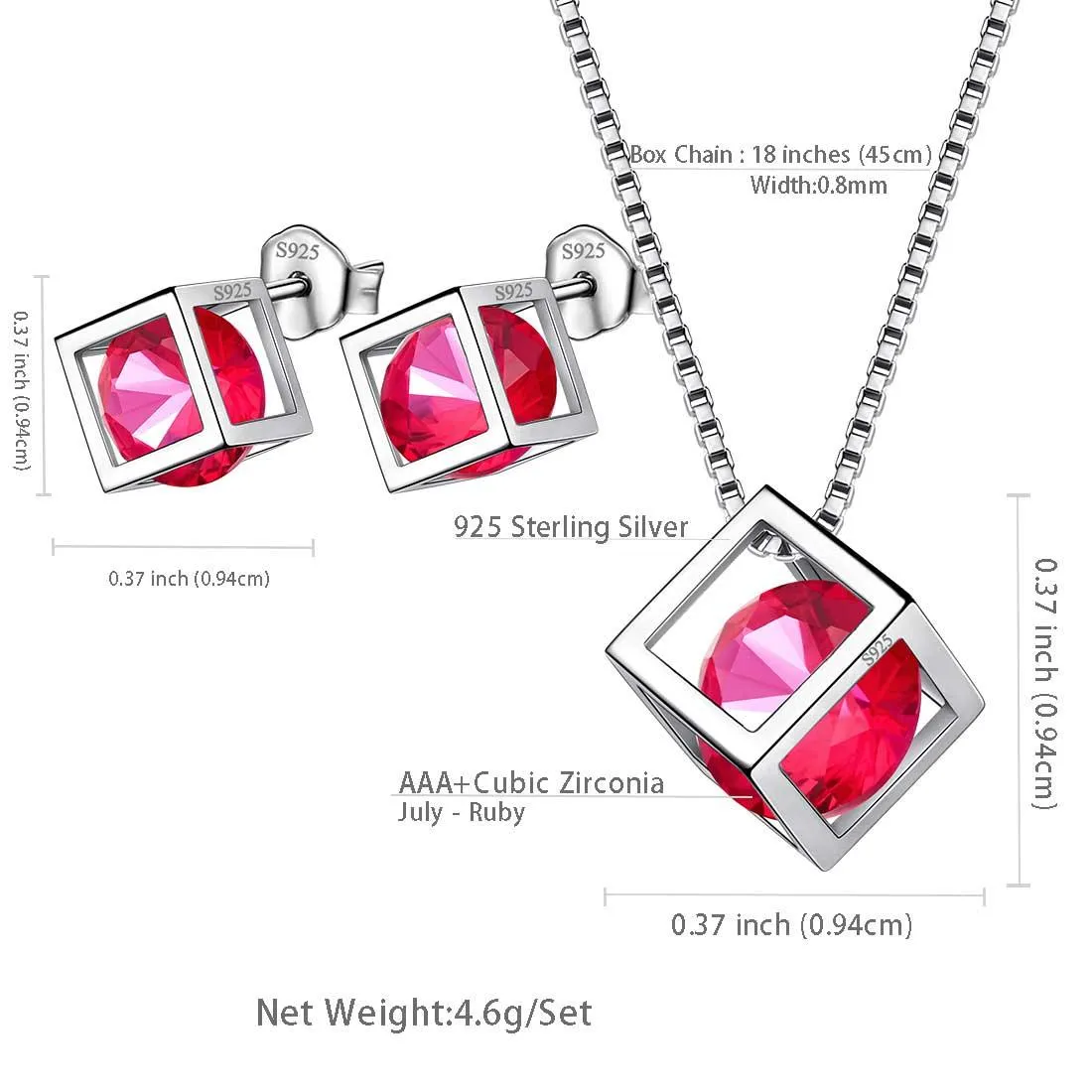 3D Cube Birthstone July Ruby Jewelry Set 3PCS Women Girls Birthday Gift