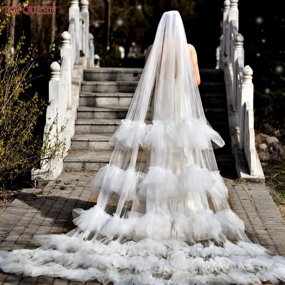 3Meter Bridal Veil Ruffles Tulle Cathedral Length Veil Single Tier