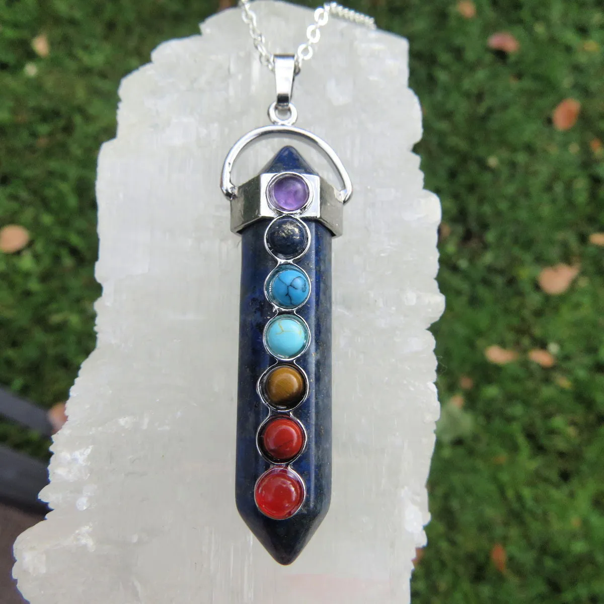 7 Chakra Crystal Point Necklace | Black Cord Chakra Necklace for Men