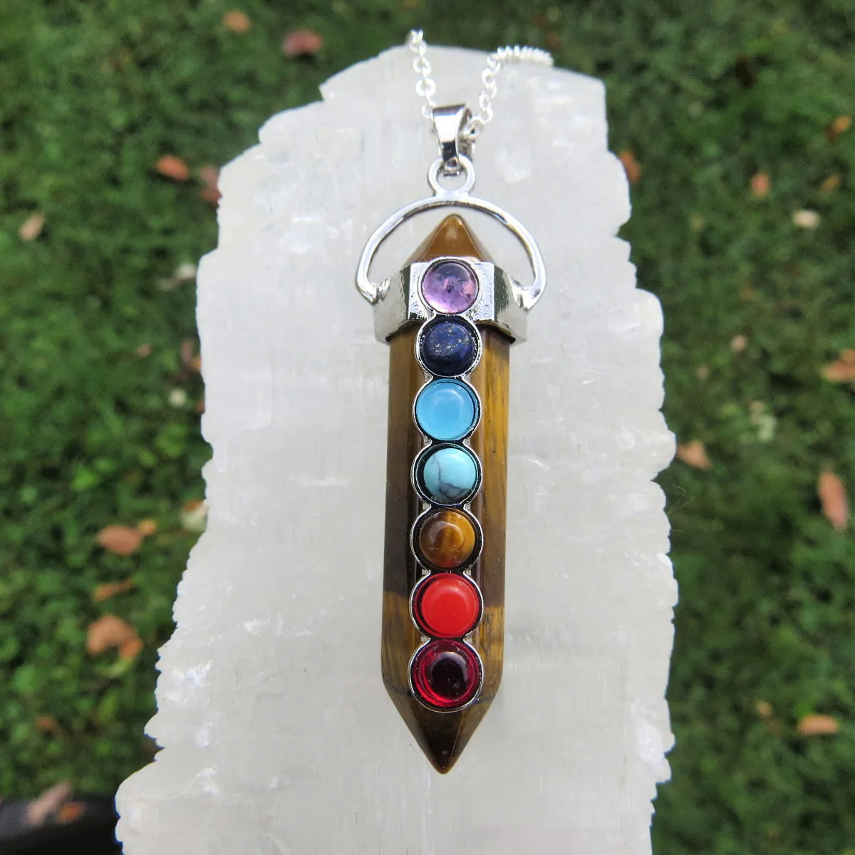 7 Chakra Crystal Point Necklace | Black Cord Chakra Necklace for Men