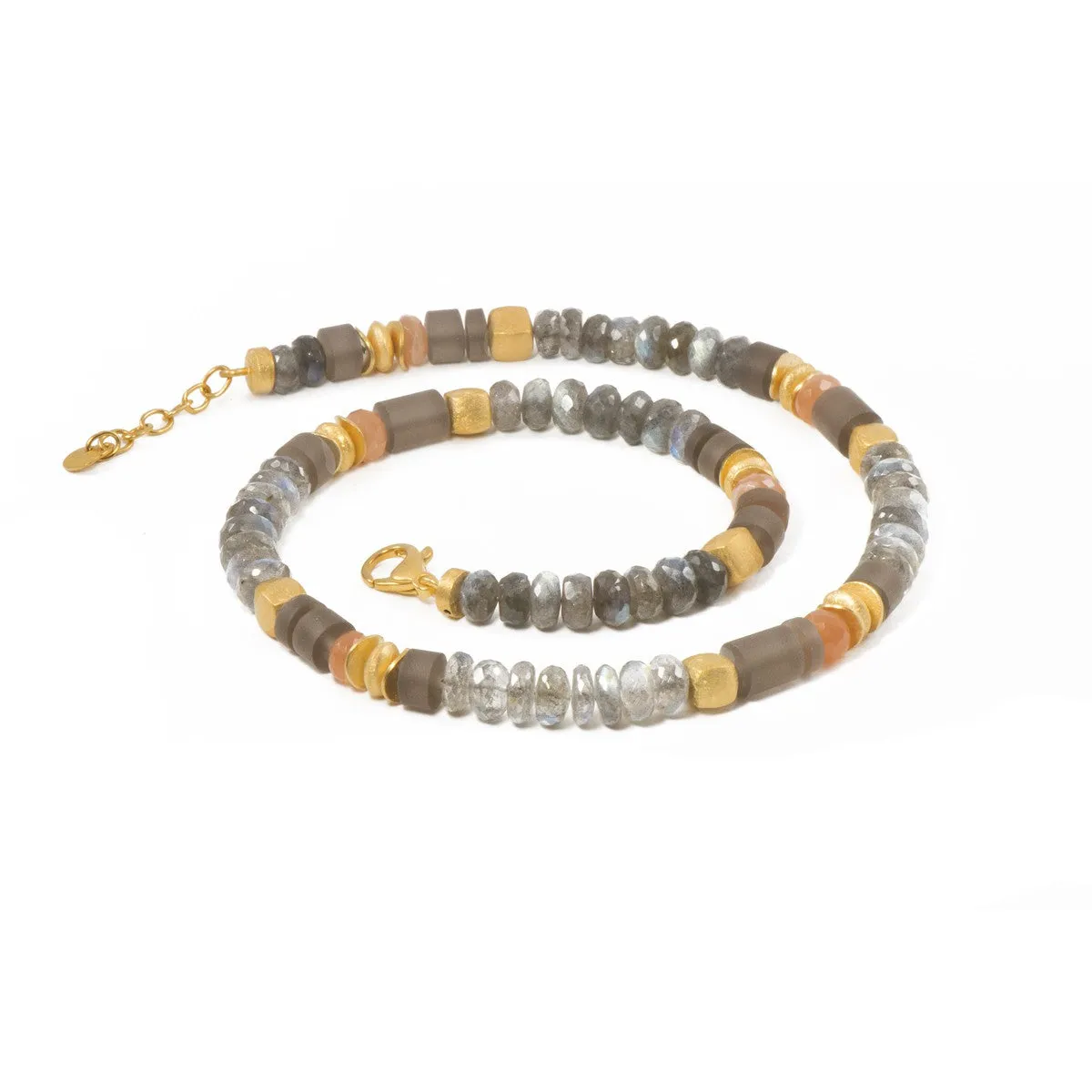 8mm Labradorite, Moonstone & Smokey Quartz 24K Gold Vermeil Necklace