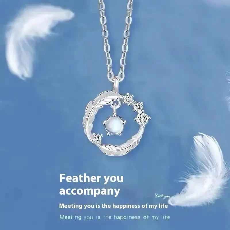 925 Silver Plated  Feather Shape Pendant Necklace Moonstone Round Bead Jewelry Choker Gift