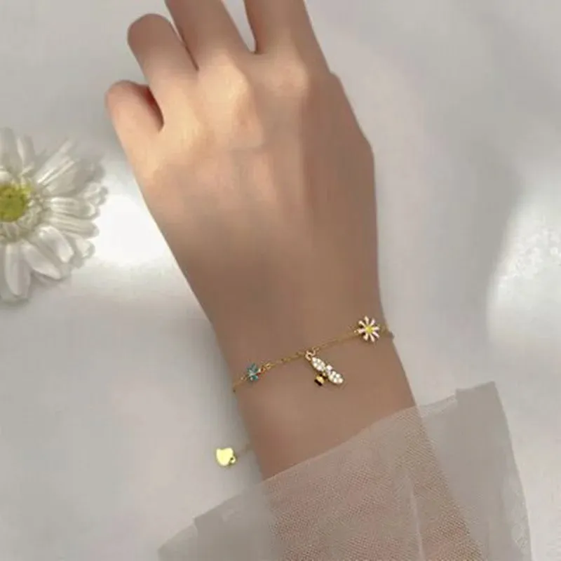 925 Sterling Silver Tassel Zircon Daisy Bee Charm Bracelet Bangle For Women Girls Party Wedding Trendy Jewelry Accessories