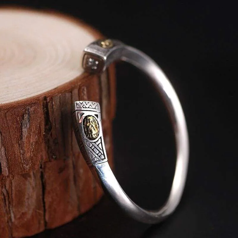 925 Sterling Silver Thick 9mm Virgin Mary White Zircon Open Cuff Bangle Unisex Vintage Christian Jewelry Bracelet (Open the bracelet)