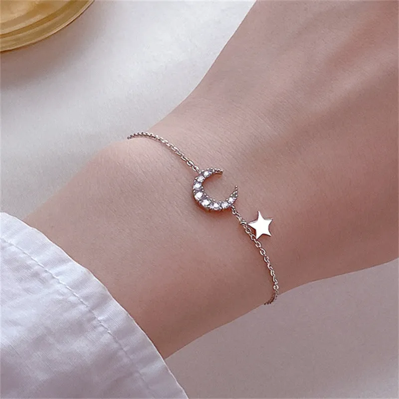 Adjustable Zircon Moon with Star Silver Bracelet for Women