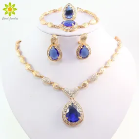 African Beads Jewelry Set Blue Zircon Drop Water Bead Wedding Bridal Necklace Set