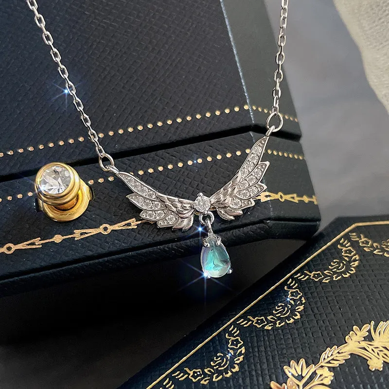 Angel's Wings with Pear Drop Moonstone Silver Necklace for Women