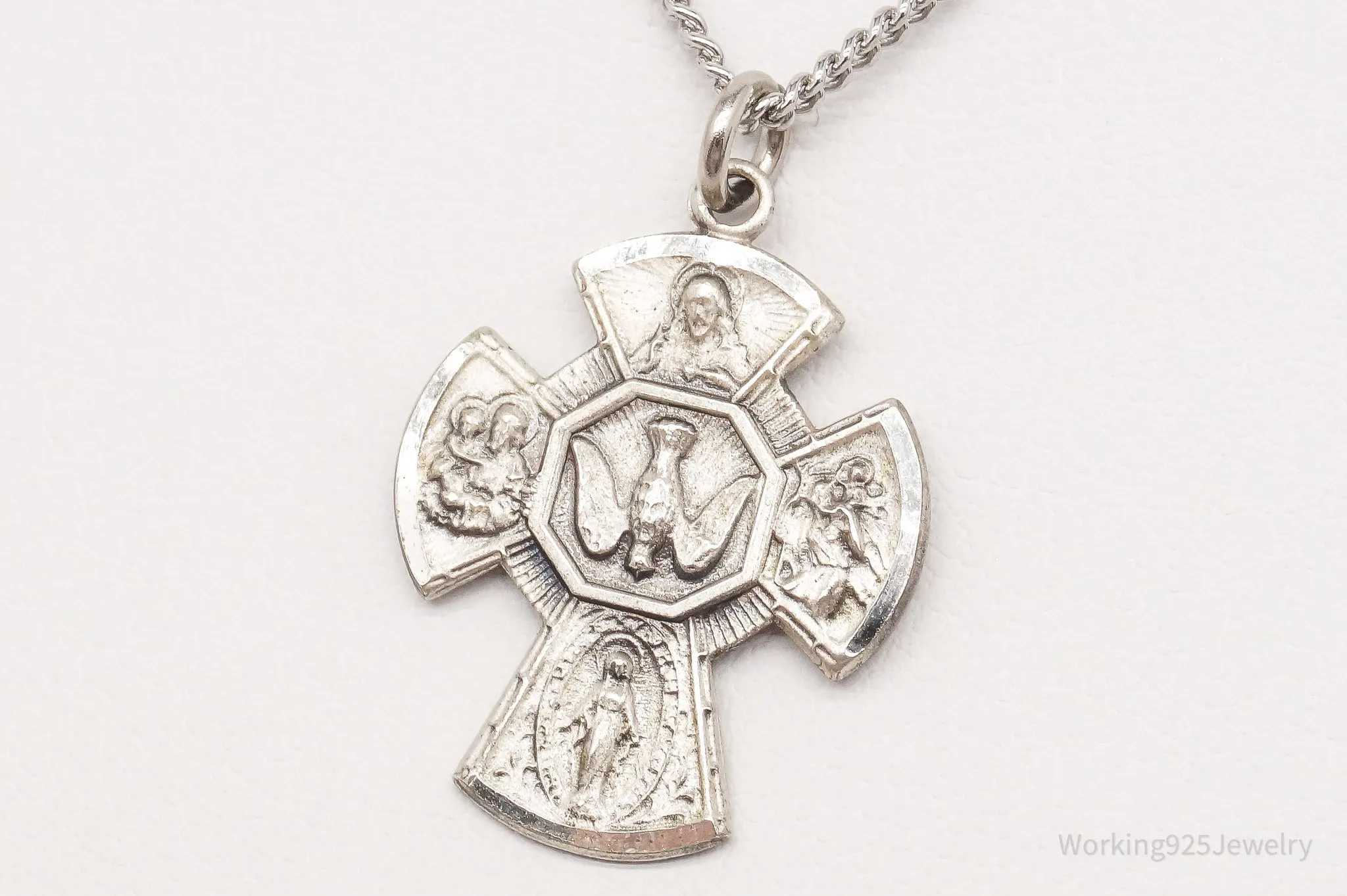 Antique Four Way Cross Sterling Silver Pendant on Silver Chain Necklace 18"