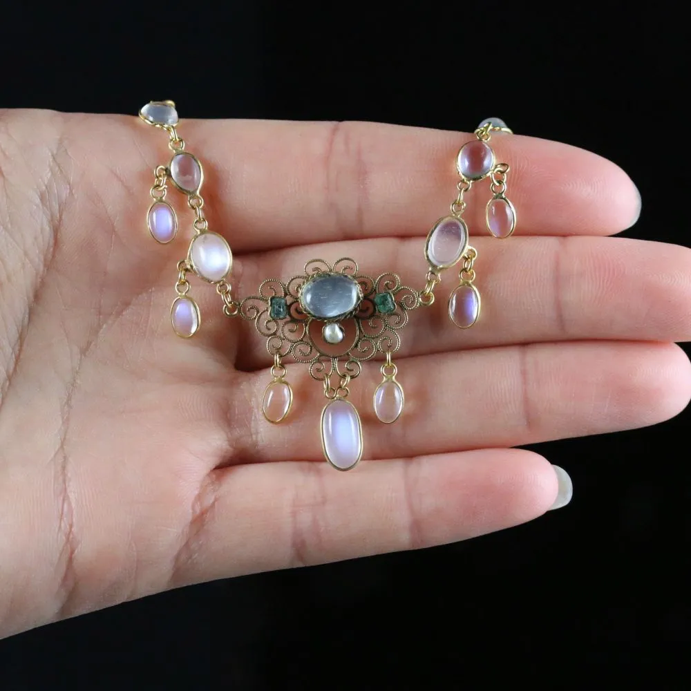 Antique Victorian Moonstone Necklace 18Ct On Silver Circa 1900