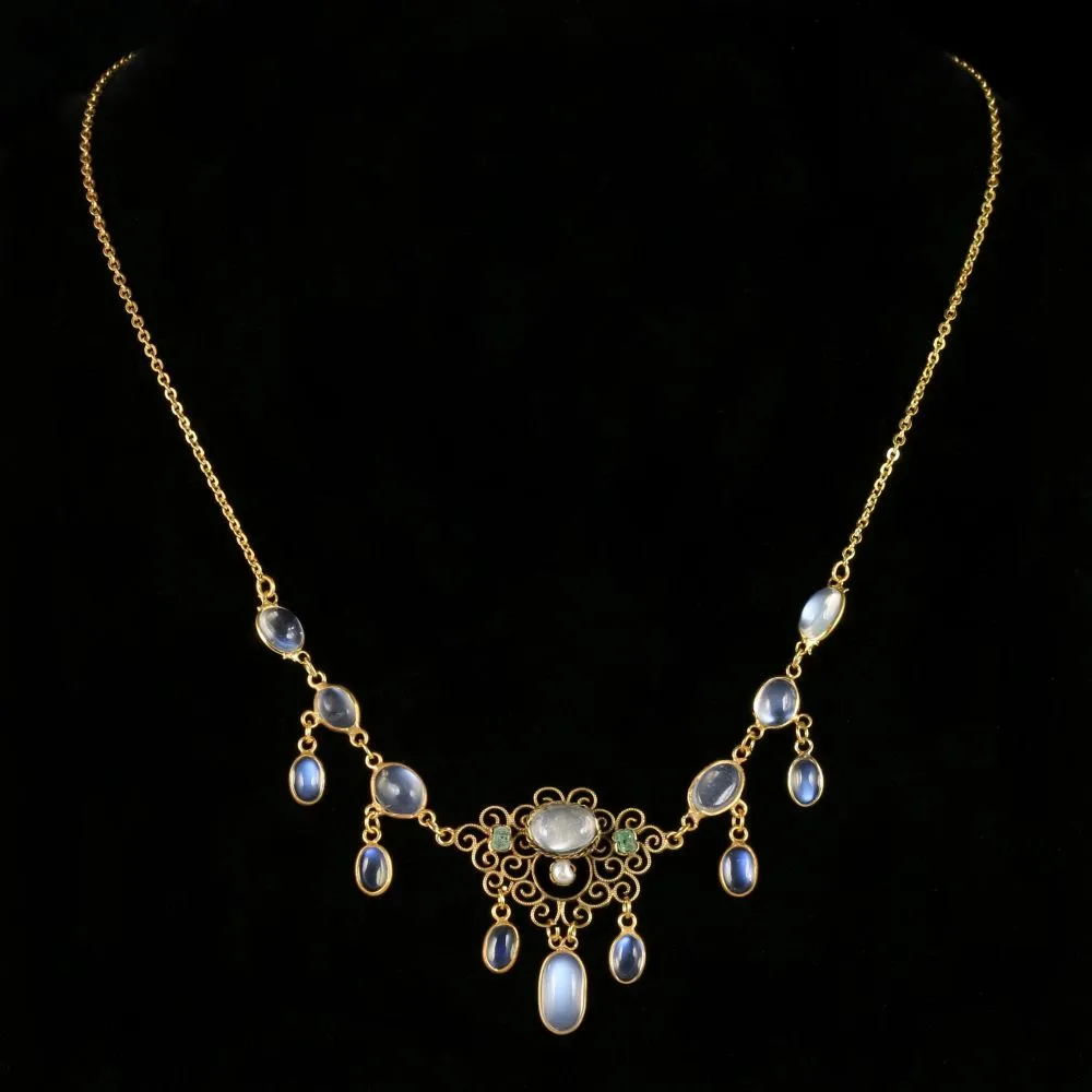 Antique Victorian Moonstone Necklace 18Ct On Silver Circa 1900