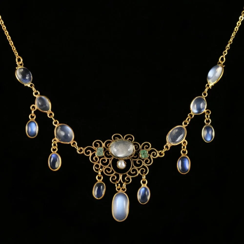 Antique Victorian Moonstone Necklace 18Ct On Silver Circa 1900