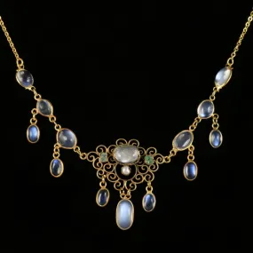 Antique Victorian Moonstone Necklace 18Ct On Silver Circa 1900