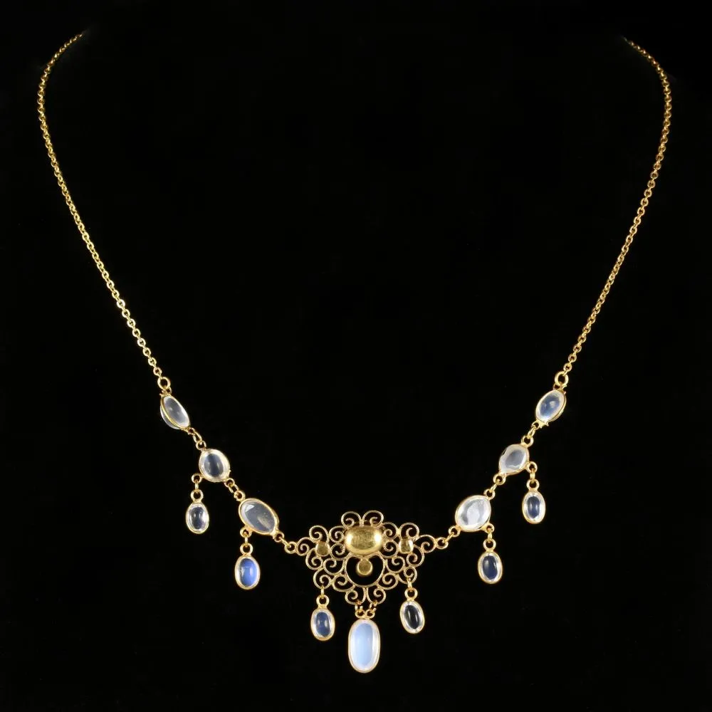 Antique Victorian Moonstone Necklace 18Ct On Silver Circa 1900