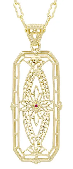 Art Deco Antique Inspired Filigree Ichthys Ruby Pendant Necklace in Yellow Gold Over Sterling Silver