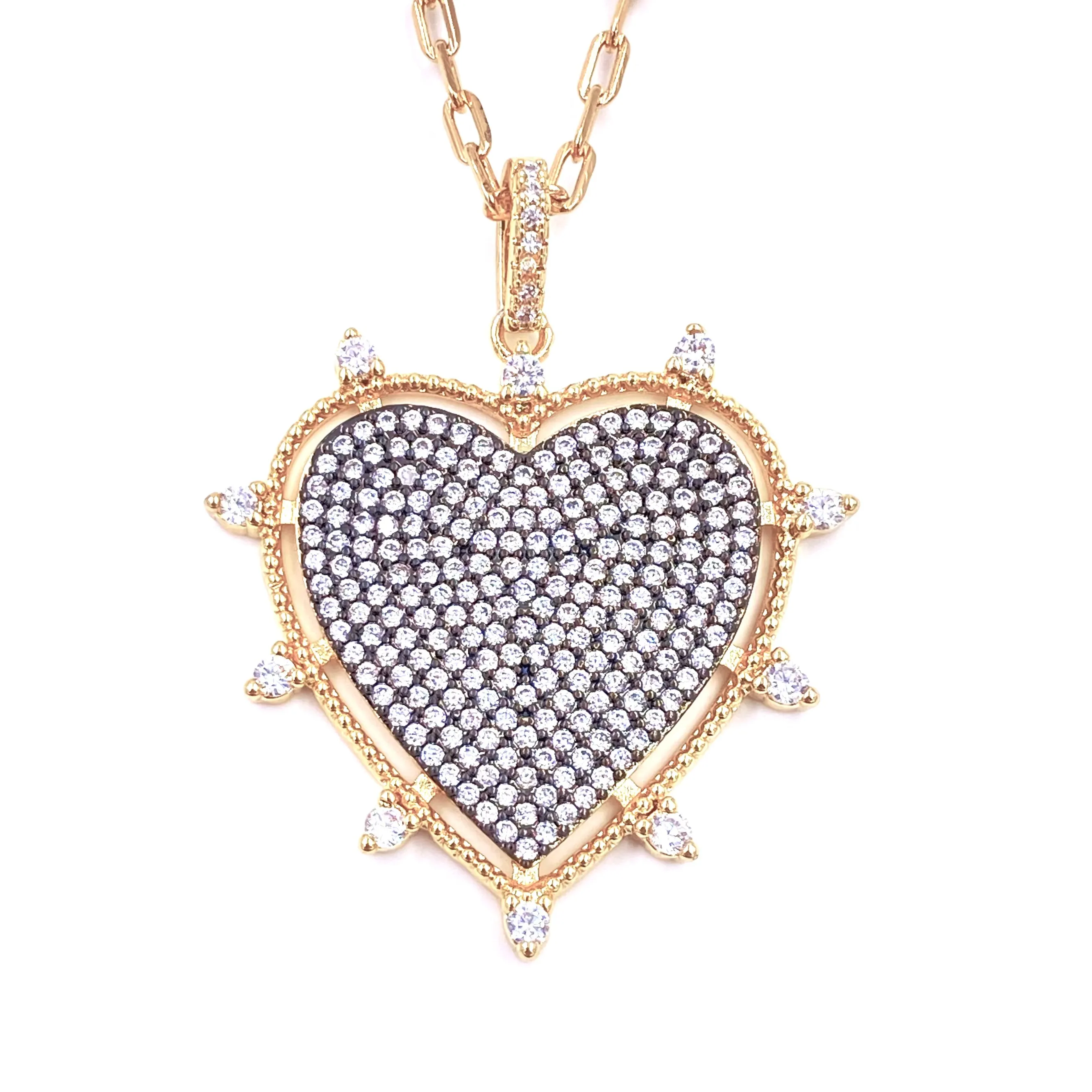 Ashley Gold Stainless Steel Gold Plated Floating Enamel CZ Spike Heart Pendant Necklace