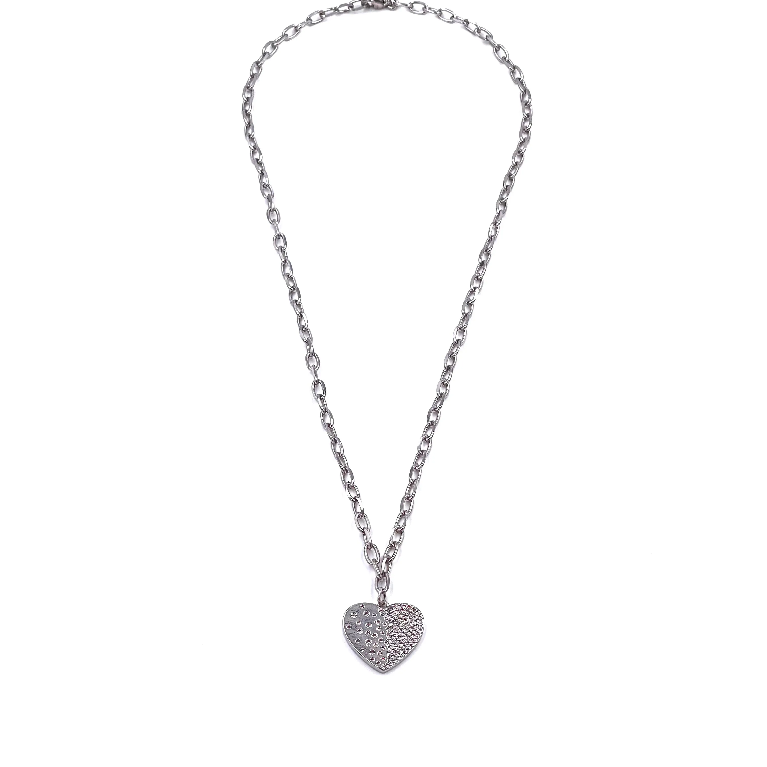 Ashley Gold Stainless Steel Link Drop CZ Design Heart Necklace