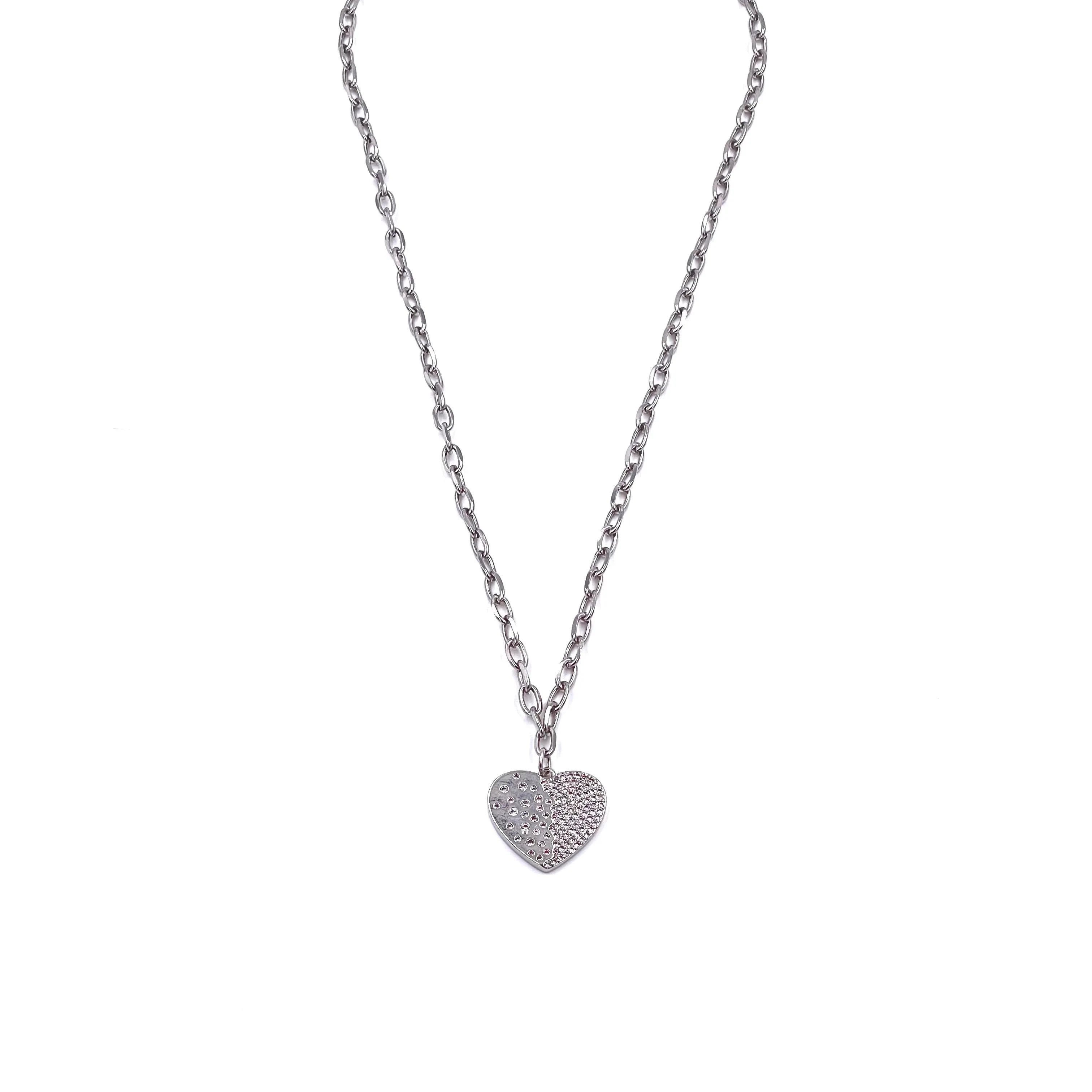 Ashley Gold Stainless Steel Link Drop CZ Design Heart Necklace