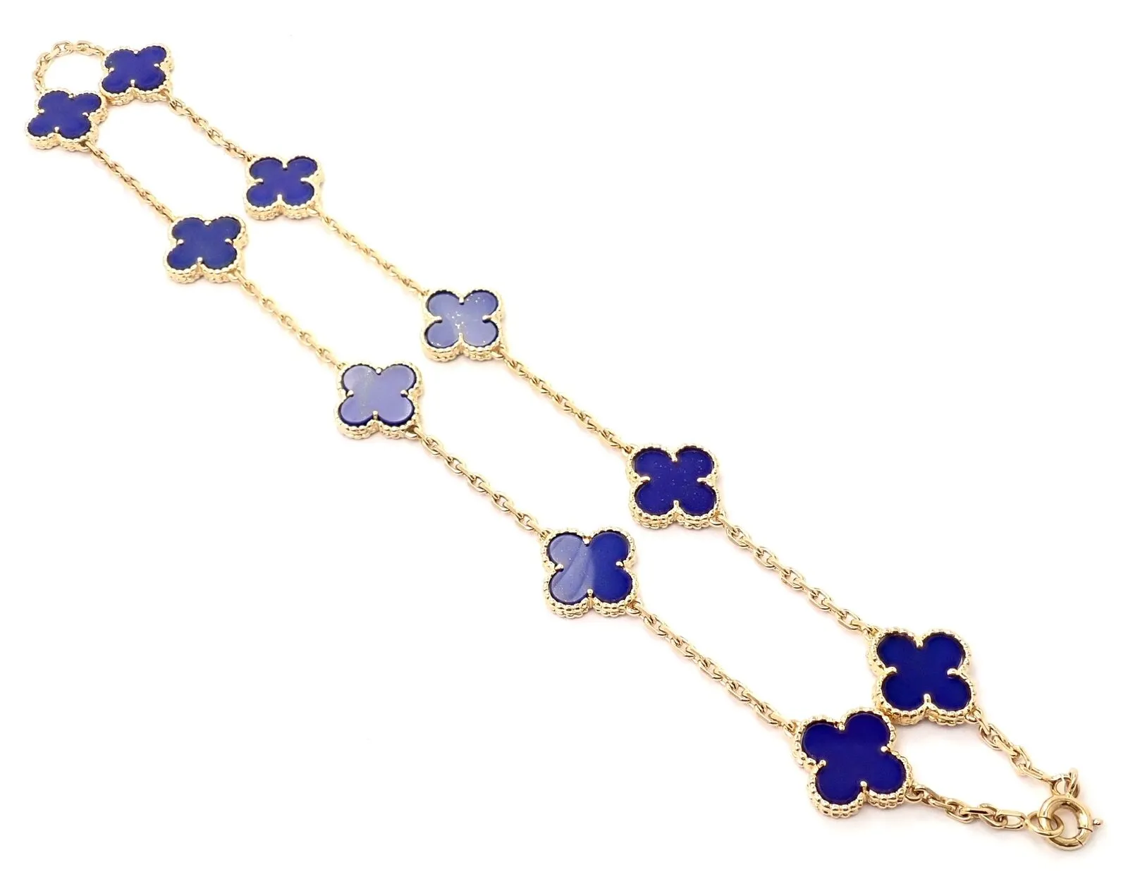 Authentic! Van Cleef & Arpels 18k Gold 10 Motif Alhambra Lapis Necklace Paper