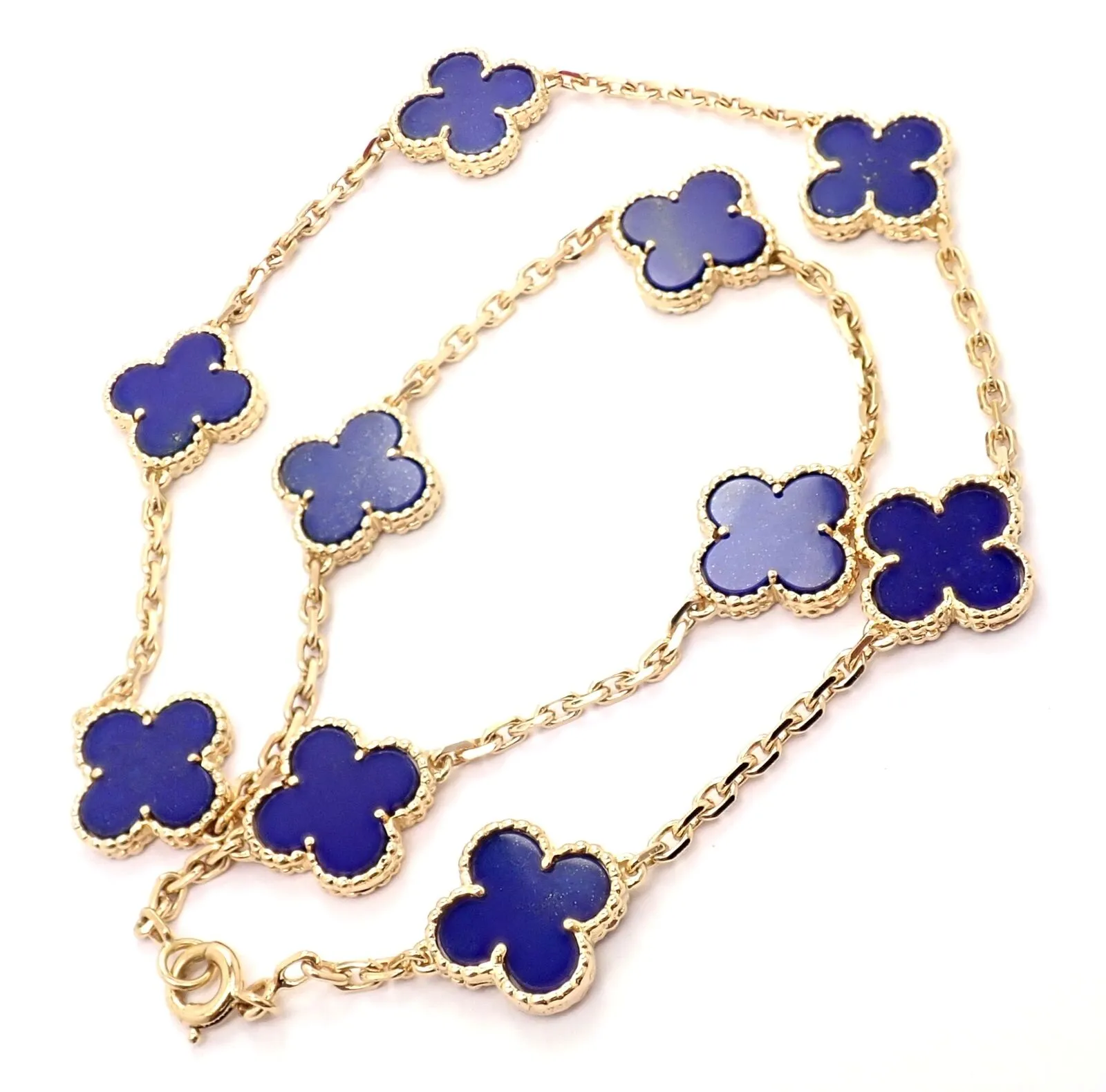 Authentic! Van Cleef & Arpels 18k Gold 10 Motif Alhambra Lapis Necklace Paper