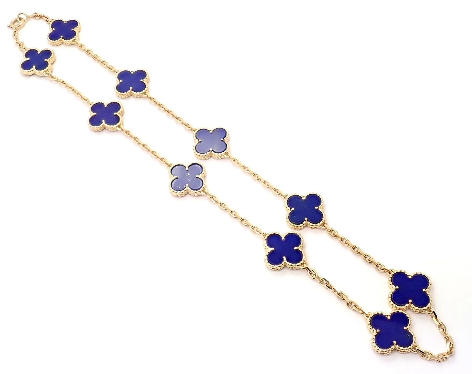 Authentic! Van Cleef & Arpels 18k Gold 10 Motif Alhambra Lapis Necklace Paper