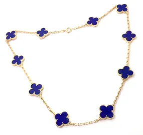 Authentic! Van Cleef & Arpels 18k Gold 10 Motif Alhambra Lapis Necklace Paper