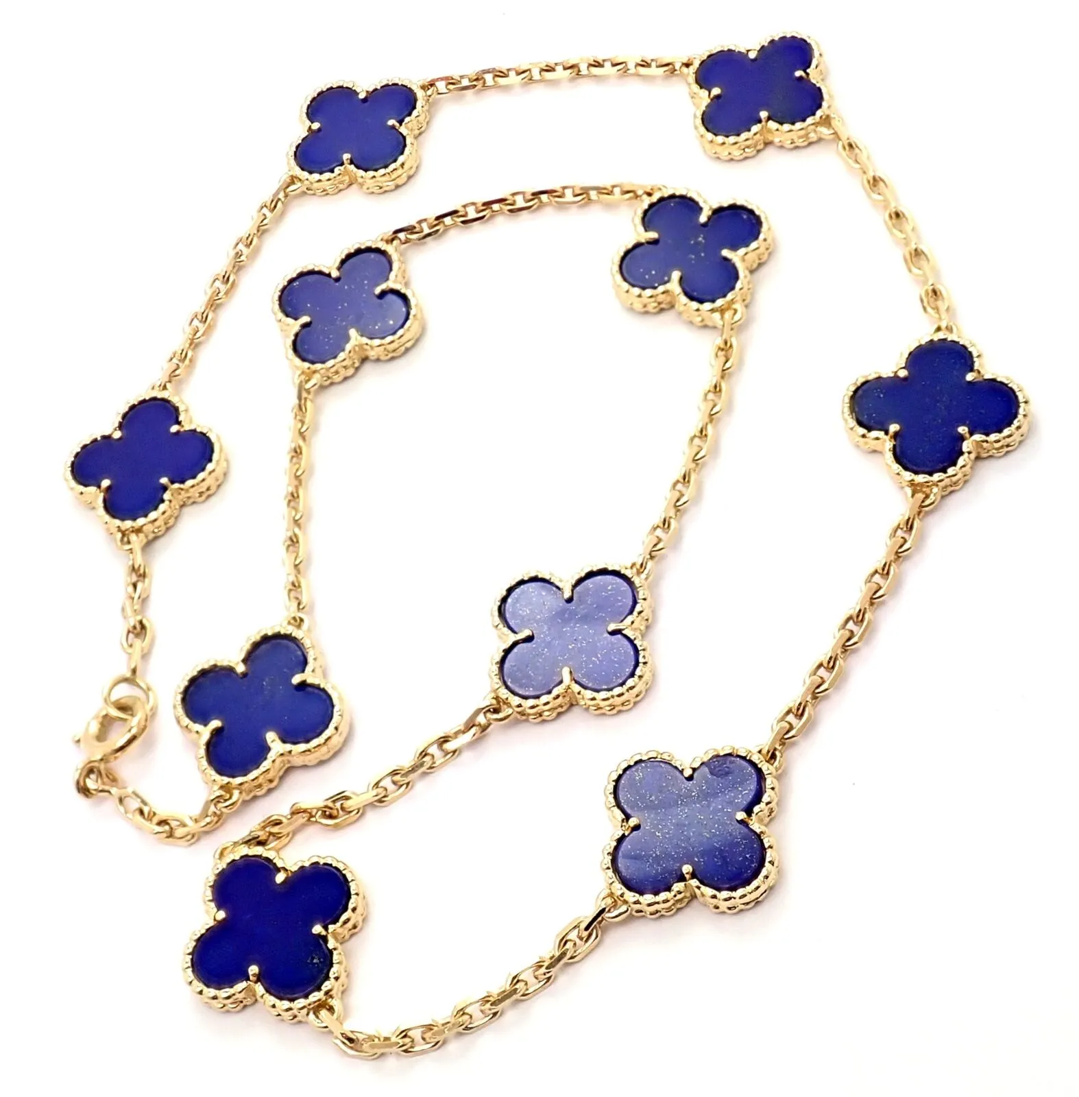 Authentic! Van Cleef & Arpels 18k Gold 10 Motif Alhambra Lapis Necklace Paper