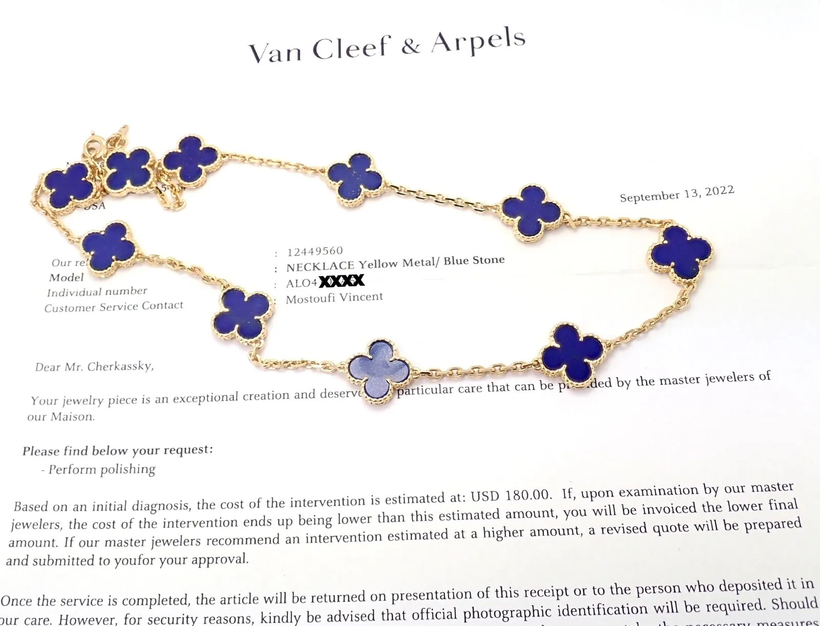 Authentic! Van Cleef & Arpels 18k Gold 10 Motif Alhambra Lapis Necklace Paper