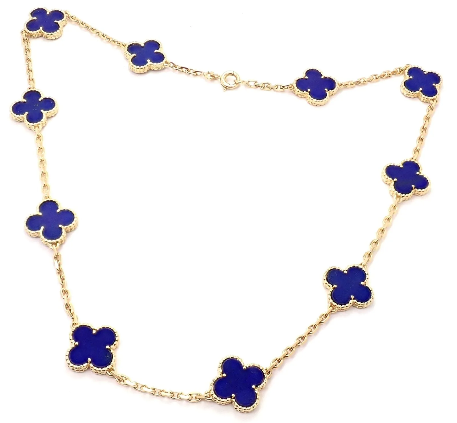 Authentic! Van Cleef & Arpels 18k Gold 10 Motif Alhambra Lapis Necklace Paper