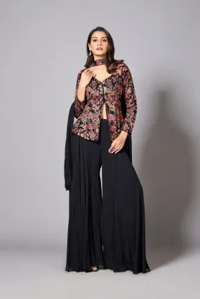 Black Embroidered Premium Georgette Silk Jacket-Palazzo Set