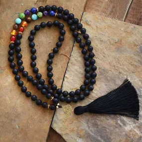 Black Onyx 7 Chakra Mala Necklace - 108 Beads for Meditation & Healing