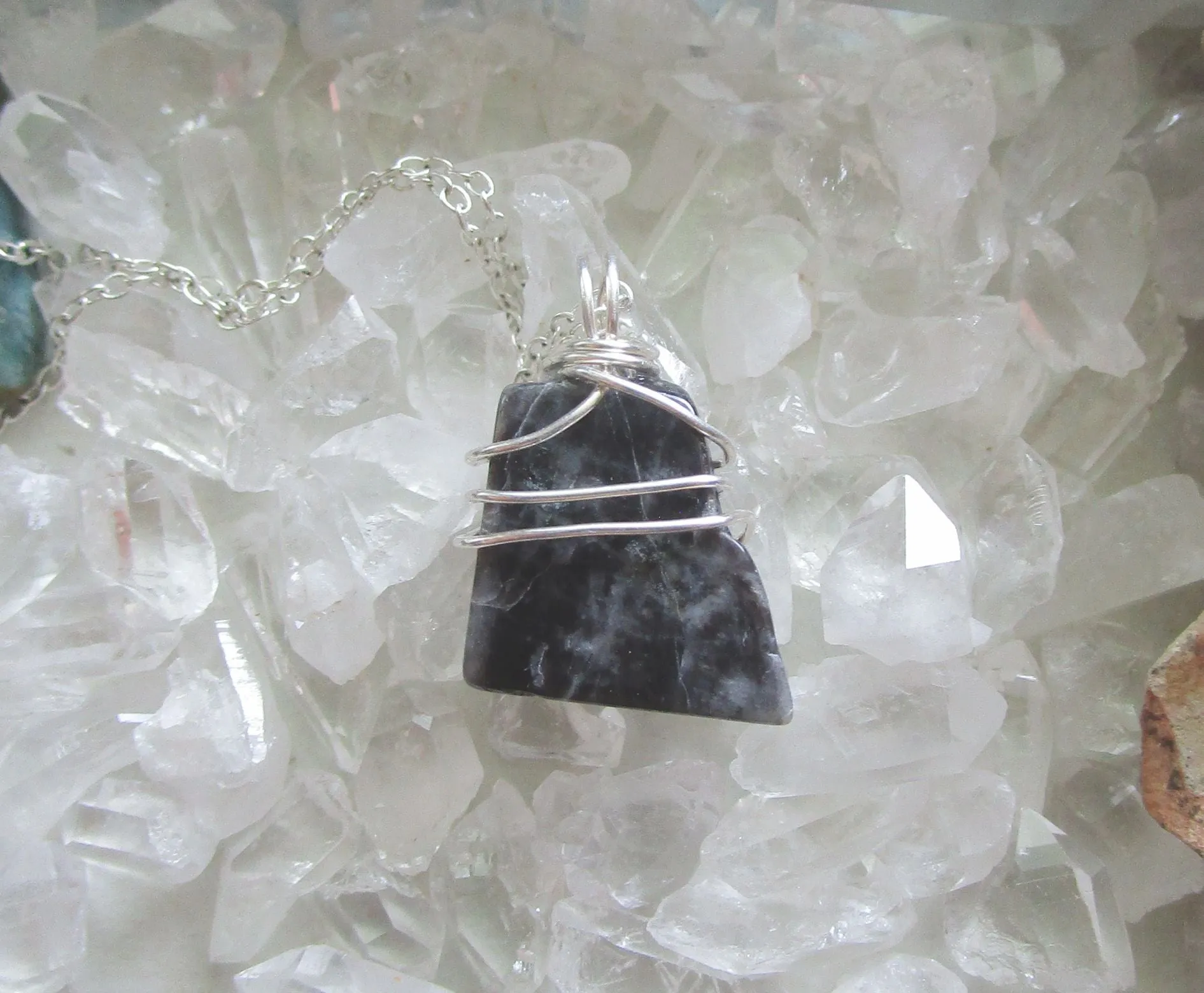 Black Star Moonstone Natural Crystal Wire Wrapped Pendant Necklace