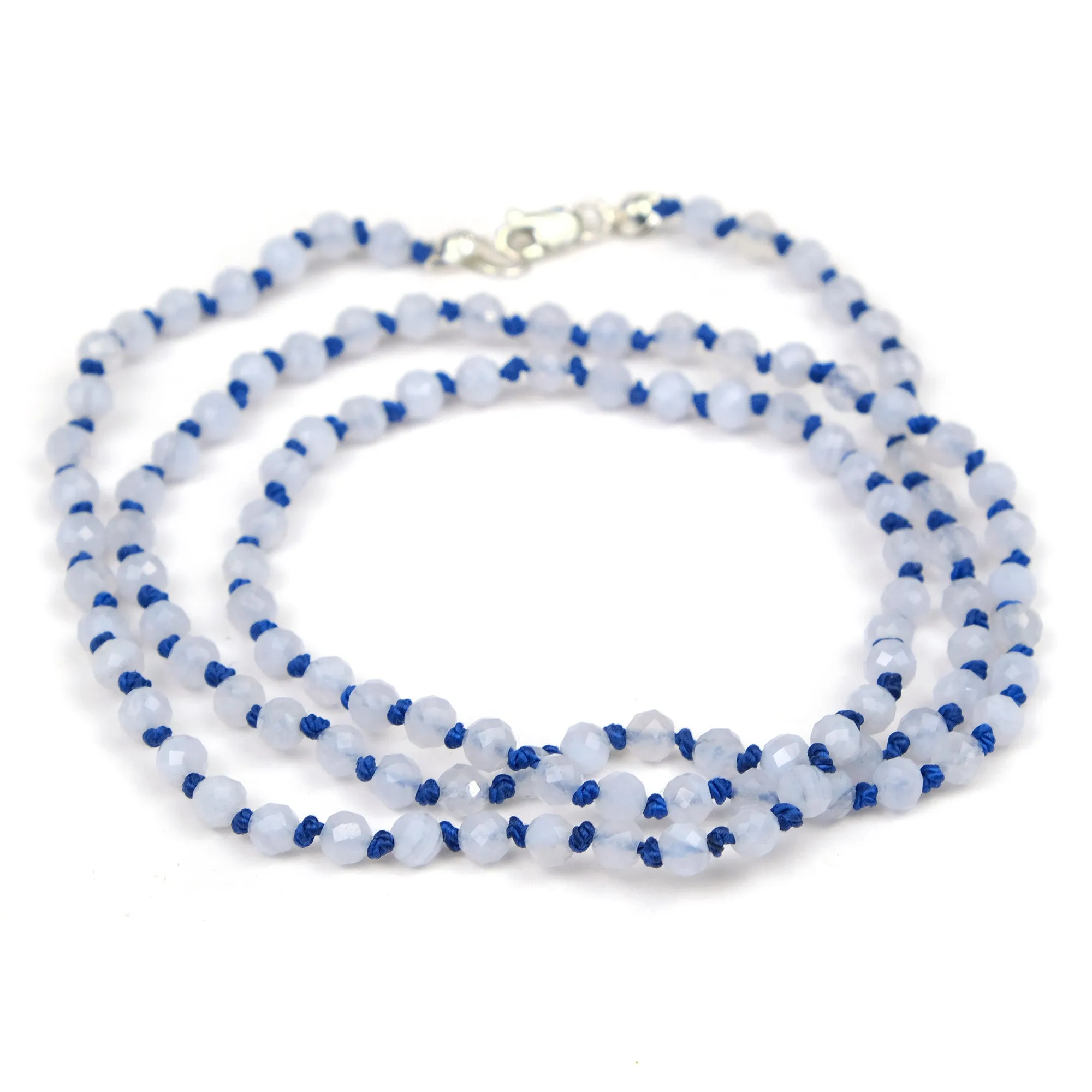 Blue Lace Agate Knotted Necklace with Sterling Silver Lobster Claw Clasp