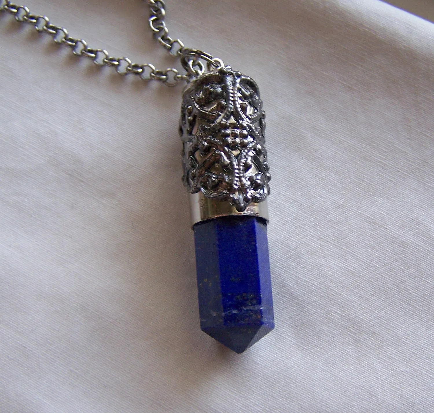 Blue Lapis Lazuli Filigree Bullet Jewelry Pendant Necklace