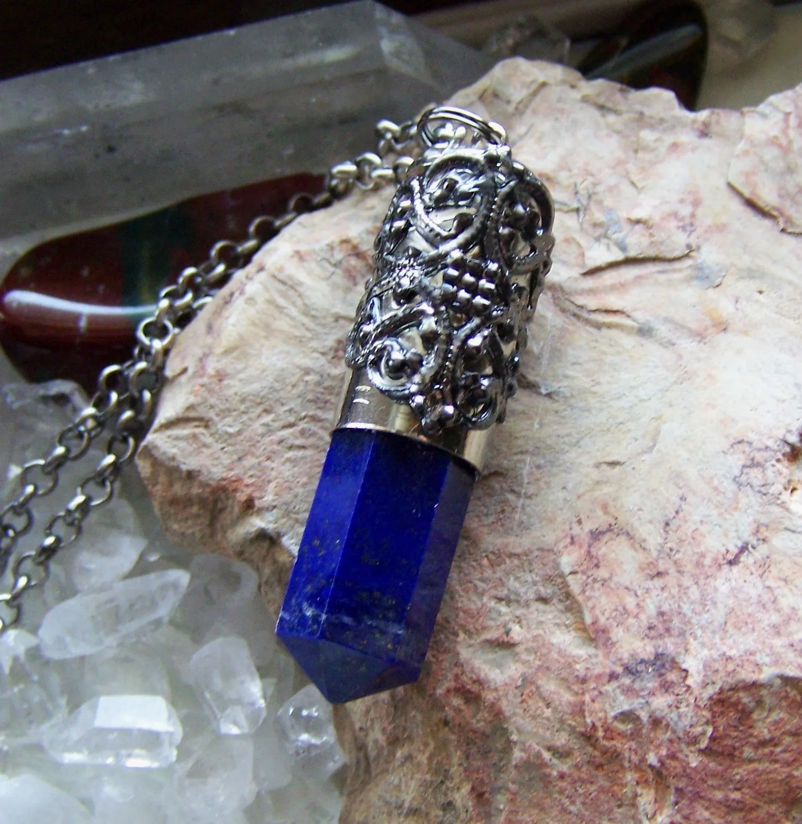 Blue Lapis Lazuli Filigree Bullet Jewelry Pendant Necklace