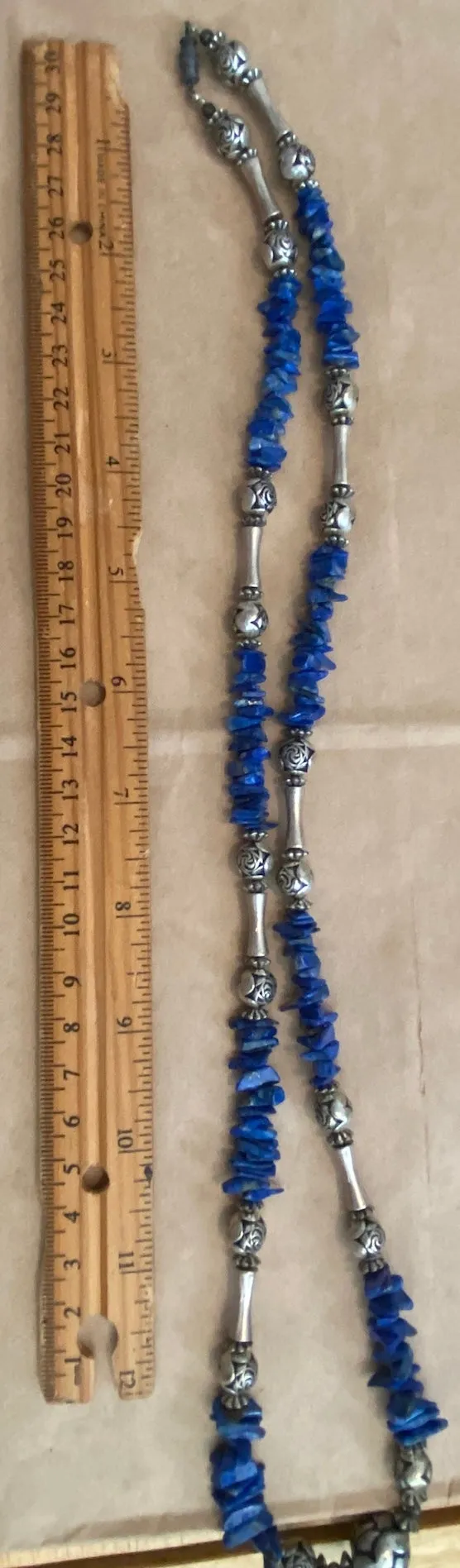 Blue Lapis Lazuli Polished Chips Silver Bead Necklace 30" Long