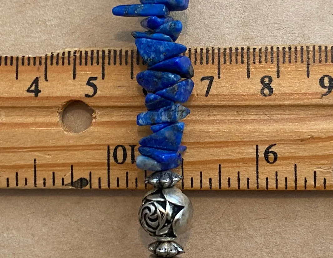 Blue Lapis Lazuli Polished Chips Silver Bead Necklace 30" Long