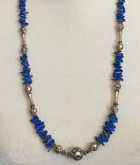 Blue Lapis Lazuli Polished Chips Silver Bead Necklace 30" Long