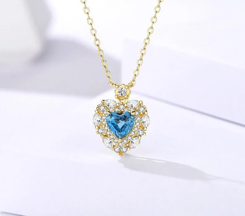 Blue natural topaz love necklace women's s925 sterling silver zircon clavicle chain