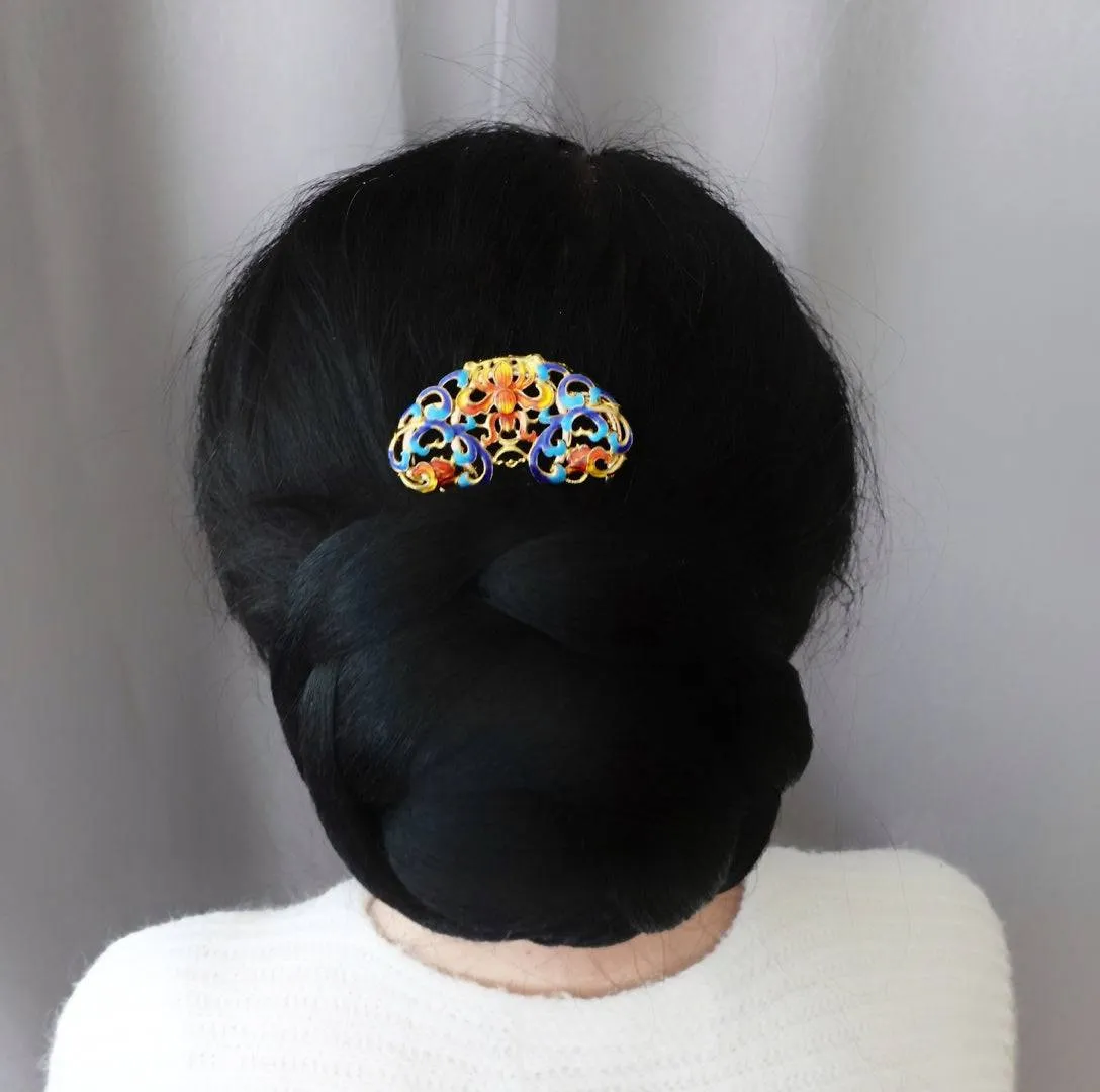 Blue Orange Enamel Peony Hair Comb