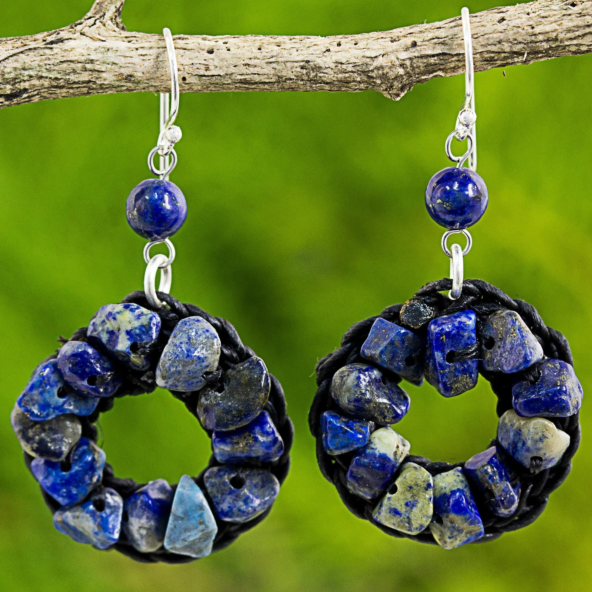 Blue Summer Lapis Lazuli Wreath Dangle Earrings Handmade in Thailand