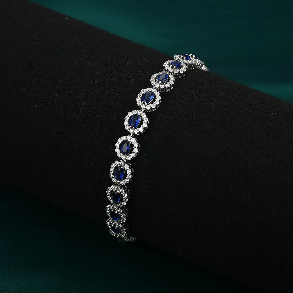 Blue Zircon Soleste Halo Beading Silver Bracelet for Women