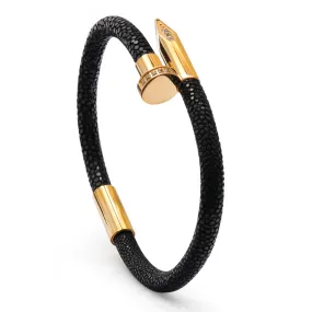 Bracelet - Black Leather with Golden Nail and Zircon