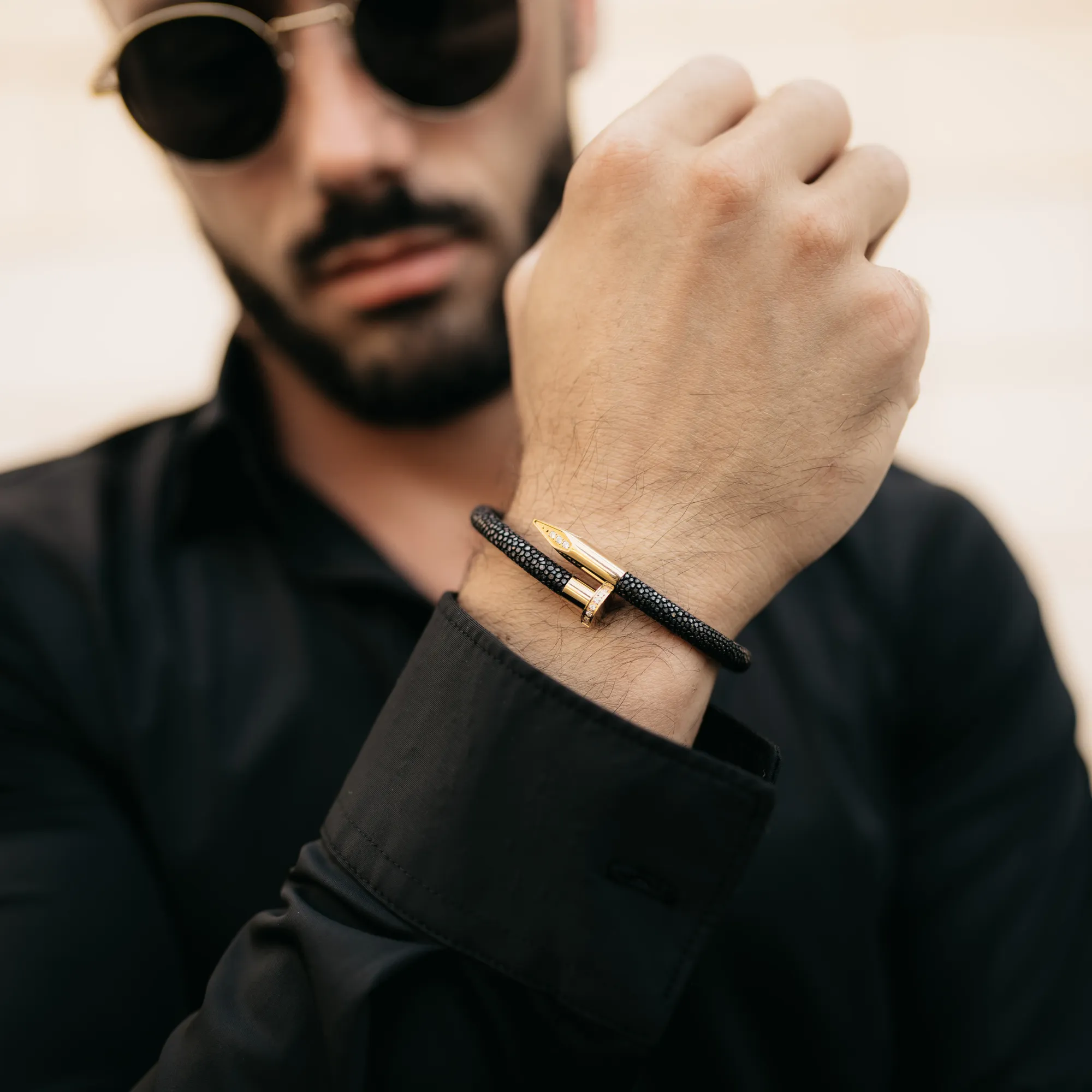 Bracelet - Black Leather with Golden Nail and Zircon