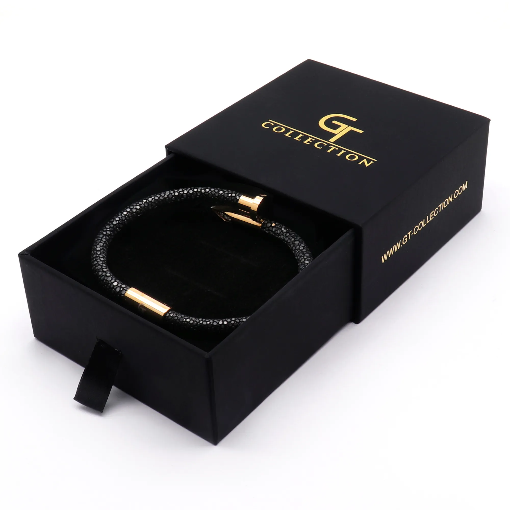 Bracelet - Black Leather with Golden Nail and Zircon