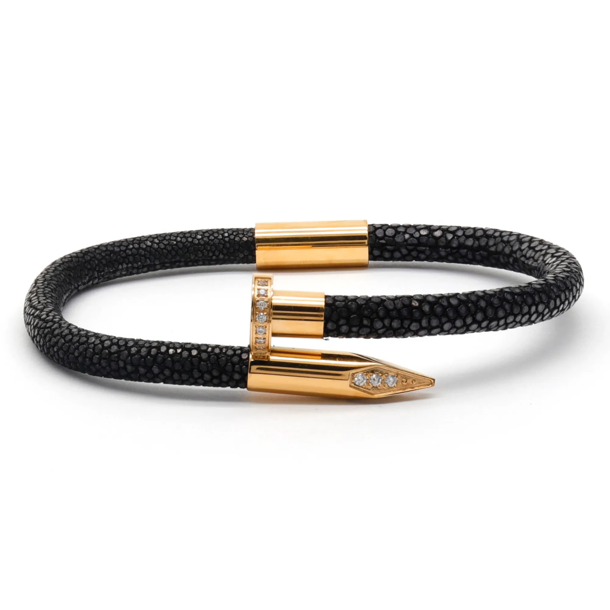 Bracelet - Black Leather with Golden Nail and Zircon